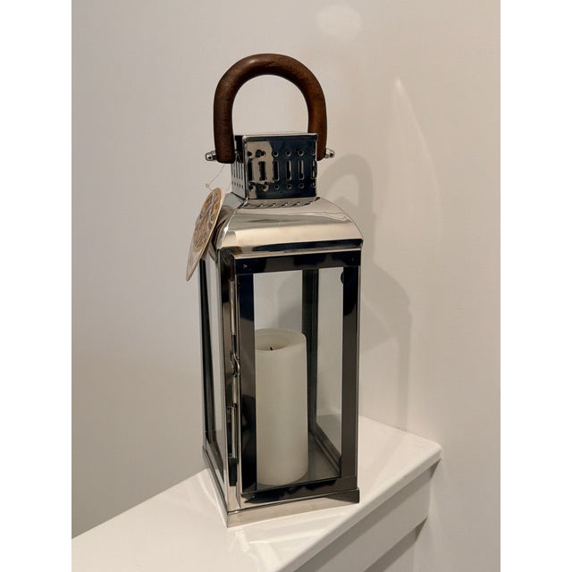 Indian Vintage Indian Stainless Steel and Glass Lantern With Wooden Handle, Modernist Design For Sale - Image 3 of 7