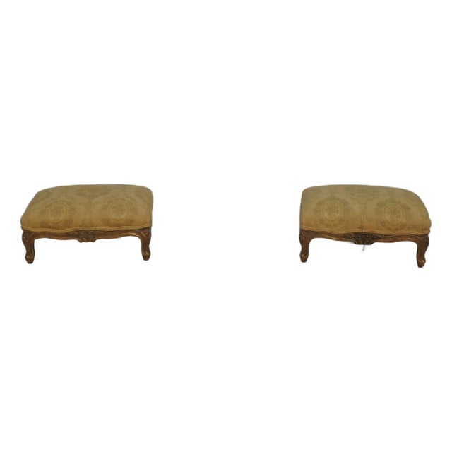 Pair of French Louis XV Giltwood Footstools With Damask Upholstery For Sale