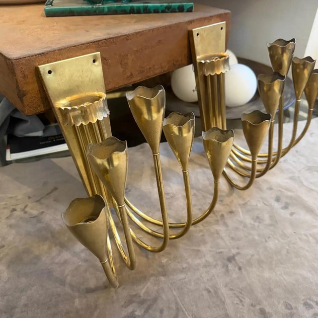 Set of Two 1940s Gio Ponti Style Mid-Century Modern Solid Brass Wall Sconces For Sale - Image 13 of 16
