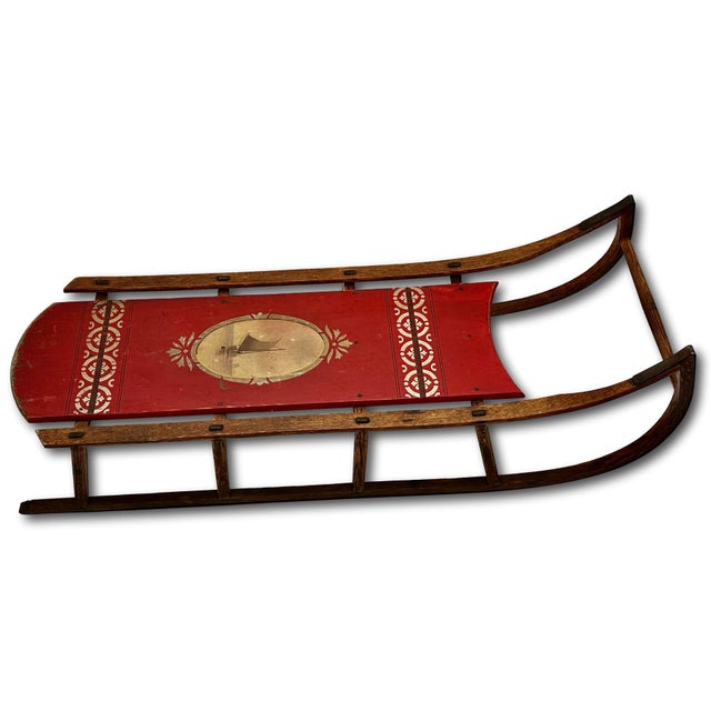 American Outstanding Late 19th Century Antique American Hand Painted Steam Bent Oak Childs Snow Sled For Sale - Image 3 of 18