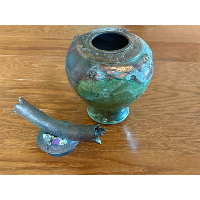 Vintage Signed "RYON" Large Studio Art Raku Lidded Vessel with Ceramic Branch-like Handle This stunning vintage signed...