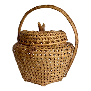 Vintage Woven Wicker Rattan Lidded Basket With Carved Wood Bird