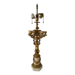 19th Century French Bronze Gold Overlay Cherub Lamp Four Candelabra, Two Socket Electrical Bulb Lights With Marble Base