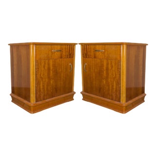 Pair of French Mid-Century Mahogany Veneered Nightstands With Original Hardware For Sale