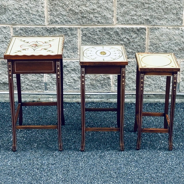 Brown Mid-Century Paint Decorated Nesting Tables - Set 3 For Sale - Image 8 of 12