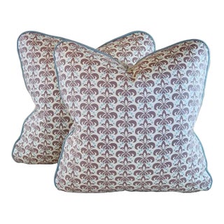 Designer Vicki Payne Free Spirit Aqua Ivory Gray Modern Fleur De Lis Pillow Covers- a Pair For Sale