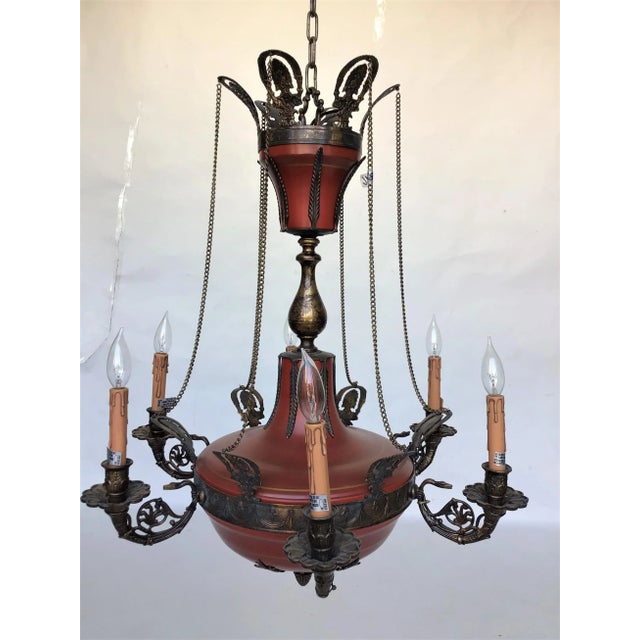 1990s Italian Six Light Brass Chandelier With Red Tole Finish For Sale - Image 13 of 13