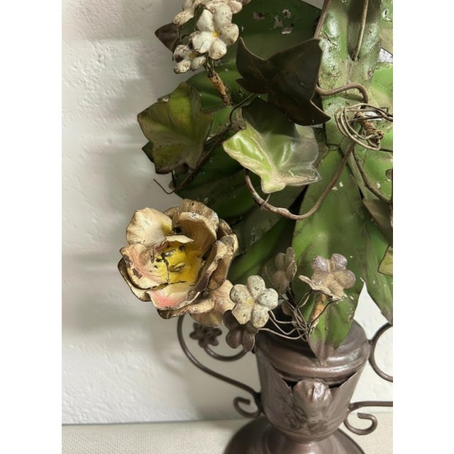 Mid 20th Century Large Vintage Painted Tole Floral Wall Hanging With Urn, 28” For Sale - Image 5 of 10