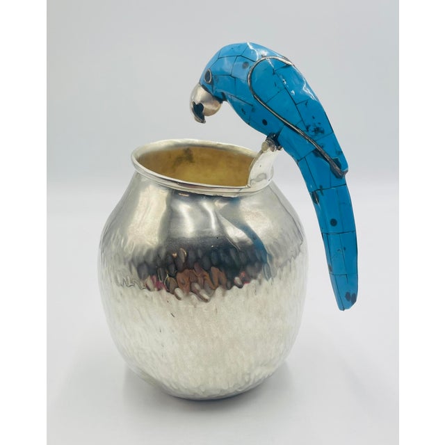1960s Los Fajardo Silver-Plated Pitcher With Blue Stone Inlaid Parrot Handle, Mexico For Sale In Los Angeles - Image 6 of 17