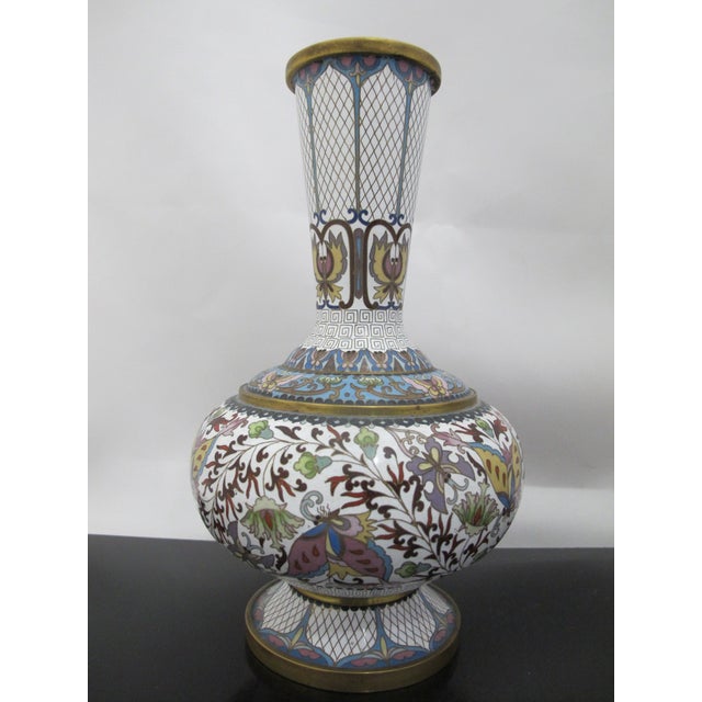 Chinese White Enamel Cloisonne Colorful Butterfly & Flower Vase Pair For Sale - Image 9 of 12