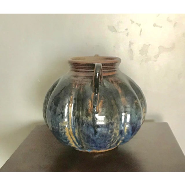 Mid-Century Modern Vintage Blue Glaze Studio Vase With Handles For Sale - Image 3 of 6