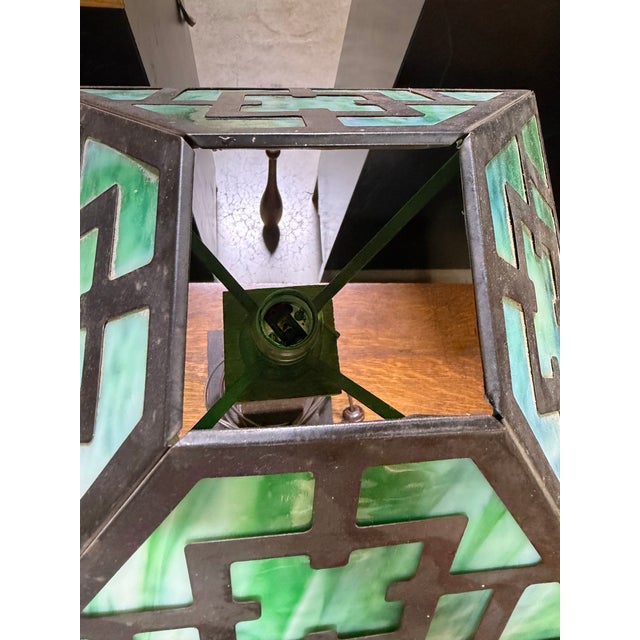 Arts & Crafts Arts & Crafts Green Slag Glass Table or Desk Lamp For Sale - Image 3 of 11