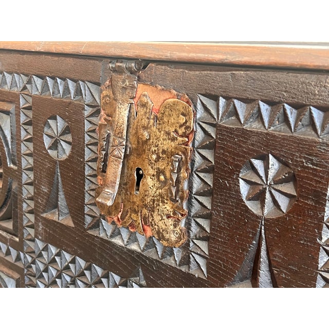 Black Antique Carved Walnut Large Kutxa Trunk From the Basque Country, Early 1800s For Sale - Image 8 of 12