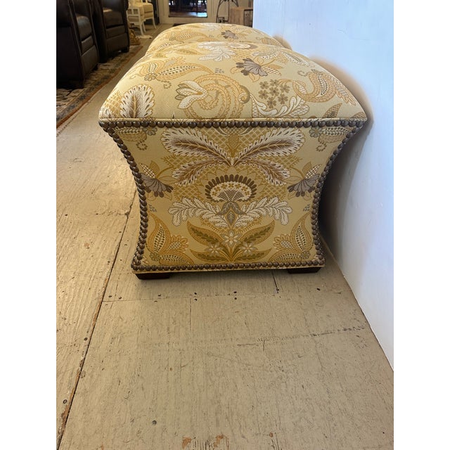 Brass Lexington Upholstered Stools/Ottomans With Nailheads -a Pair For Sale - Image 8 of 13
