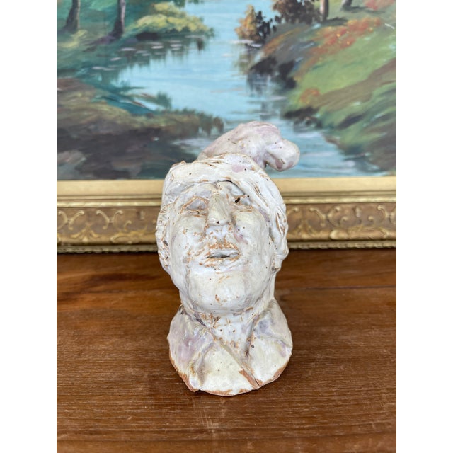 Whimsical Studio Ceramic Sculpture Bust With Glazed Cap, Mid-20th Century For Sale - Image 4 of 10