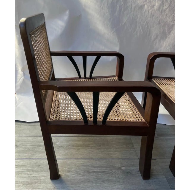 1930s 1930s Pair of Deco Period British Colonial Hand Caned Teak Club Chairs For Sale - Image 5 of 7