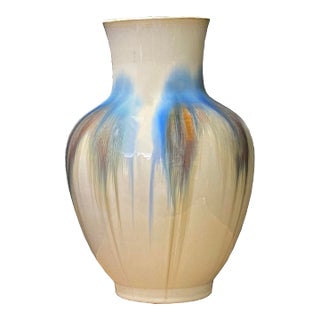 Blue Light Brown Tan White Strips Ceramic Round Large Vase Jar For Sale