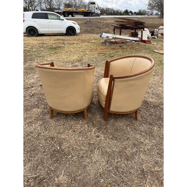 1940s French Art Deco Leather Solid Mahogany Barrel Back Club Chairs - A Pair For Sale - Image 11 of 12