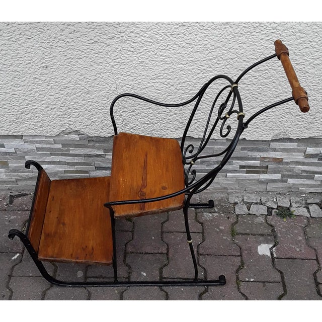 German Child's Carriage Seat with Wrought Iron Frame, Spruce Wood Handle and Spruce Wood Panels, 1900s For Sale - Image 3 of 8