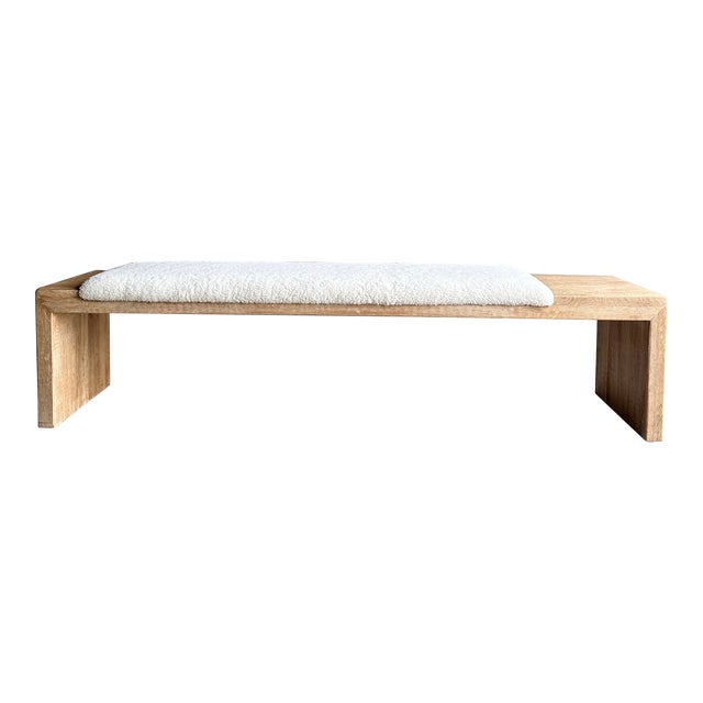 Casi White Oak Bench in Natural Finish Upholstered in Faux Sherpa - Off Center For Sale
