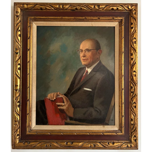Vintage original, mid century modern, realistic portrait of a man holding a book. The painting is signed by listed artist...