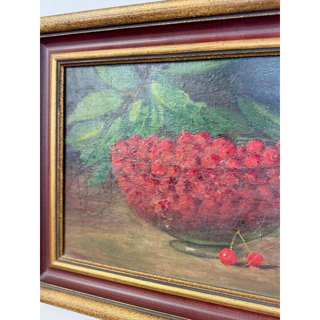 Green Mid 20th Century Oil Painting Still Life Bowl of Cherries, Gold Frame Art, Green Accents For Sale - Image 8 of 8
