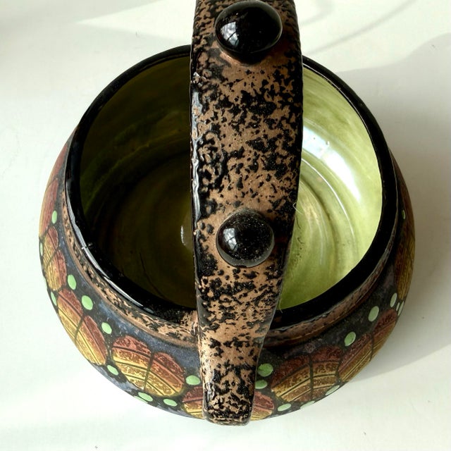 Vintage BFS Czechoslovakia Art Deco Hand Painted Pottery Bowl With Handle Leaf and Berry Design For Sale - Image 12 of 12