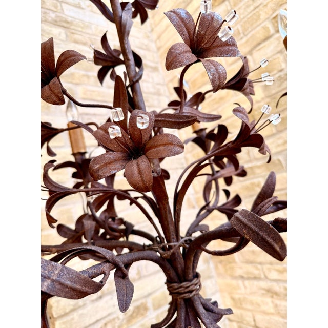 Vintage Italian Tôle Chandelier With Rustic Metal Leaves and Floral Motifs Accented With Crystals, 6 Lights For Sale - Image 9 of 12