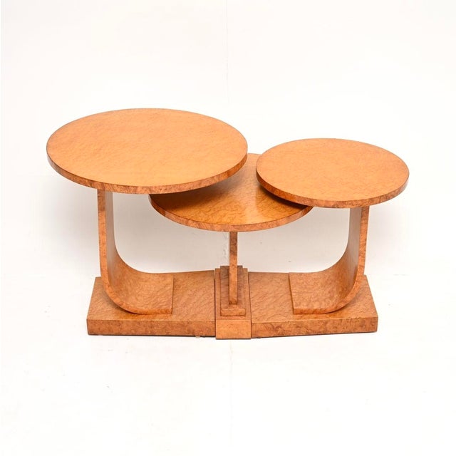 A spectacular and extremely rare art deco birds eye maple j nest of tables by h and l epstein. This was made in england,...