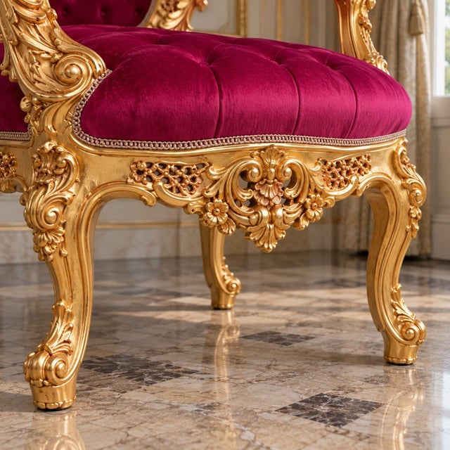 Wood 1970s Italian Artisan Baroque Gold Red Velvet Chairs-Pair For Sale - Image 7 of 11