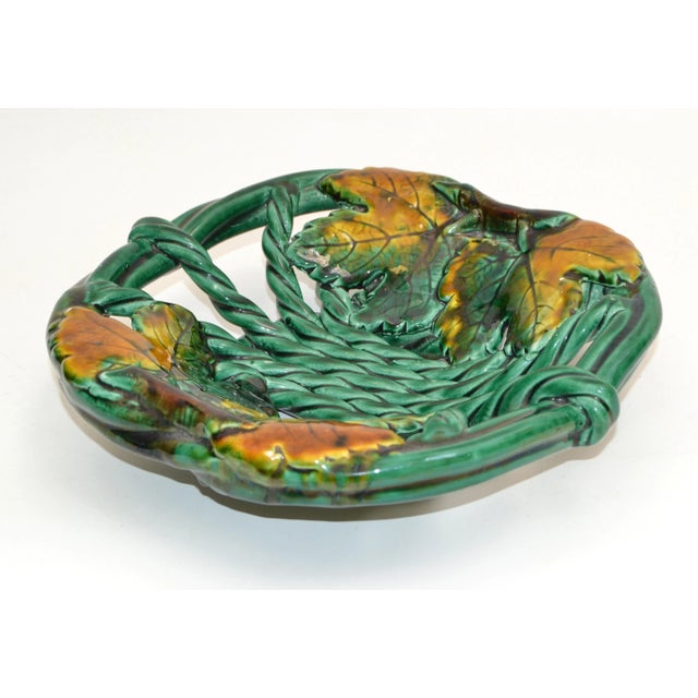 1970s Vallauris France Glazed Woven Ceramic Basket Dark Green Fall Motif Pottery 70 For Sale - Image 5 of 12