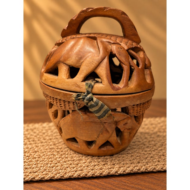 1970s Hand-Carved Openwork Wood Safari Animal Basket Sculpture For Sale - Image 4 of 11