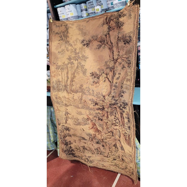 We love the 18th c. throwback country French outing scene in this linen and cotton wall tapestry from the 1900, depicting...