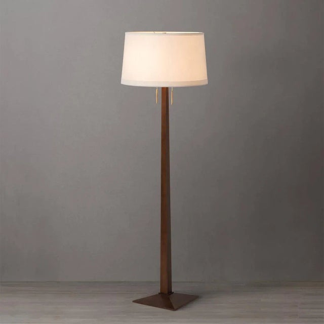 Mid-Century Modern Taper Floor Lamp - Dark Walnut Wood Finish, Weathered Brass, White Linen Shade, Dimmer For Sale - Image 3 of 10