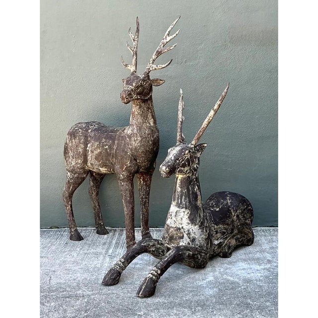 Contemporary Vintage Carved Wood Deer Sculptures - Pair For Sale - Image 3 of 12