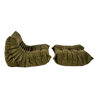 Togo Lounge Chair and Khaki Velvet by Michel Ducaroy for Ligne Roset, 1973, Set of 2 For Sale