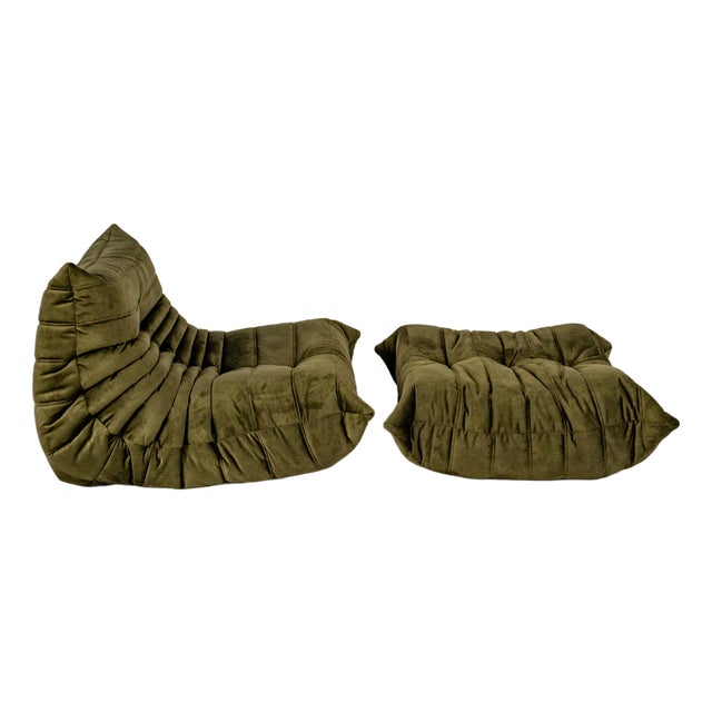 Togo Lounge Chair and Khaki Velvet by Michel Ducaroy for Ligne Roset, 1973, Set of 2 For Sale