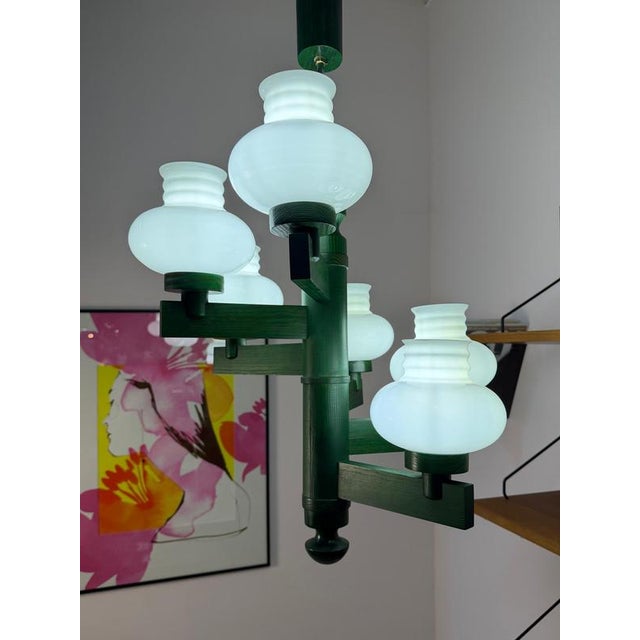 Wood Chandelier in Green Opal Glass For Sale - Image 7 of 11