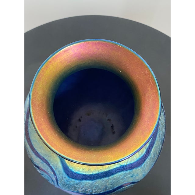Blue Signed Lundberg Studios Iridescent Art Glass Vase For Sale - Image 8 of 10