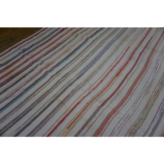 Early 20th Century 1930s Multicolor Stripe Folk Art Antique American Rag Rug 5'5" X 5'5" Flatweave Cotton Carpet For Sale - Image 5 of 6
