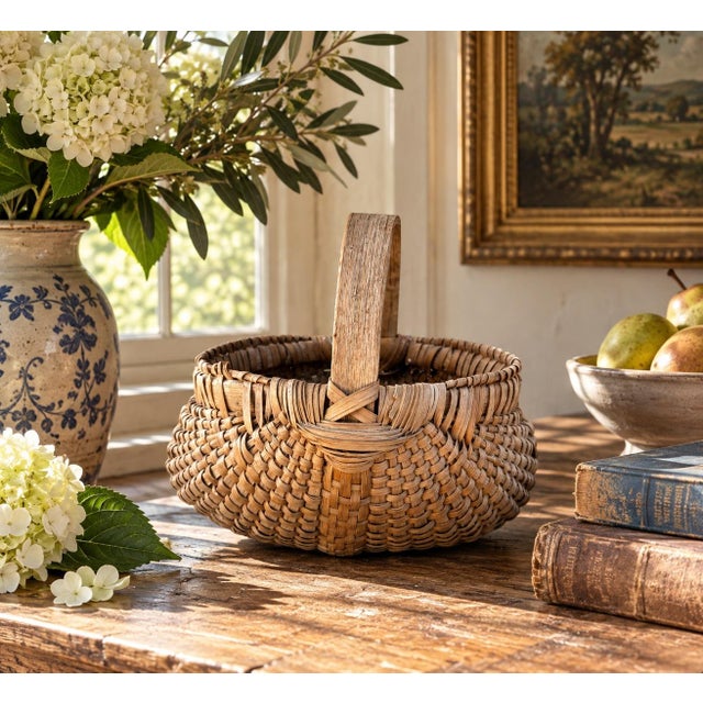 A quaintly scaled late-19th-century egg gathering basket, handwoven from narrow oak splints around a sturdy fixed bentwood...