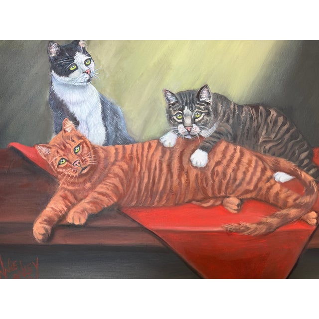 Paint Signed Oil Painting of Three Cats, Cat Lover Wall Art, Framed Feline Portrait For Sale - Image 7 of 11