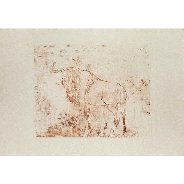 Buffalo is a wonderful brown burnt sienna ink linoleum original print on paper, realized in 1971 by the Italian master...