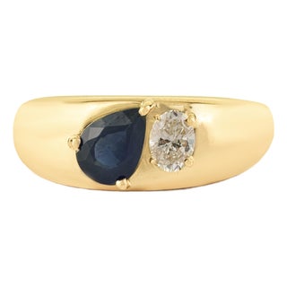 14k Yellow Gold Cigar Band Ring With Blue Sapphire & Diamond Size 9 For Sale