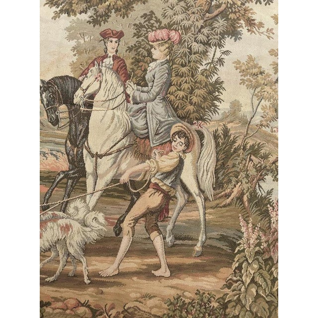 "Exquisite French tapestry from the mid-20th century, featuring a beautiful design, showing a gallant scene with two...