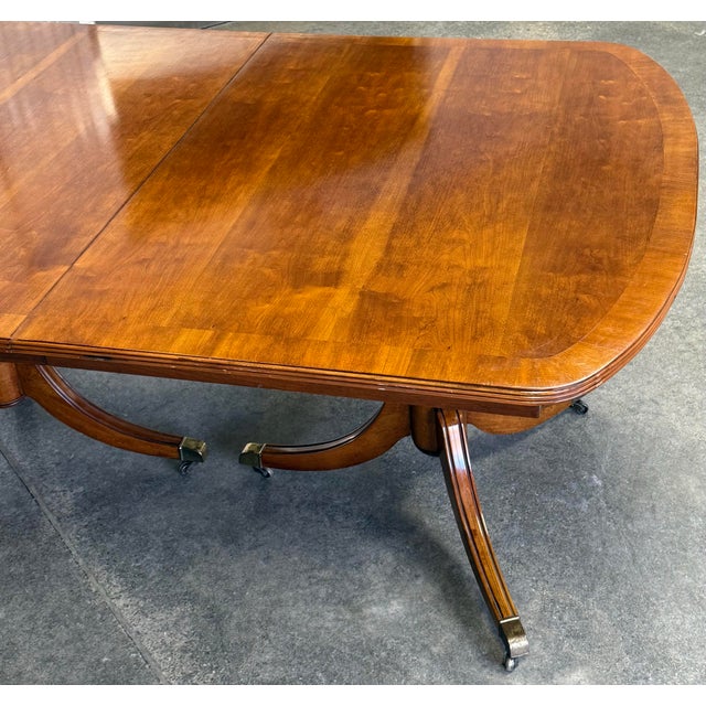 Stanley Furniture Vintage Stanley Furniture American Craftsman Cherry Banded Double Pedestal Regency Dining Table For Sale - Image 4 of 12