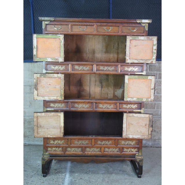 Antique Korean Elm Brass Bound Bandaji Nong Tansu Scholars Chest Wedding Cabinet For Sale - Image 4 of 12
