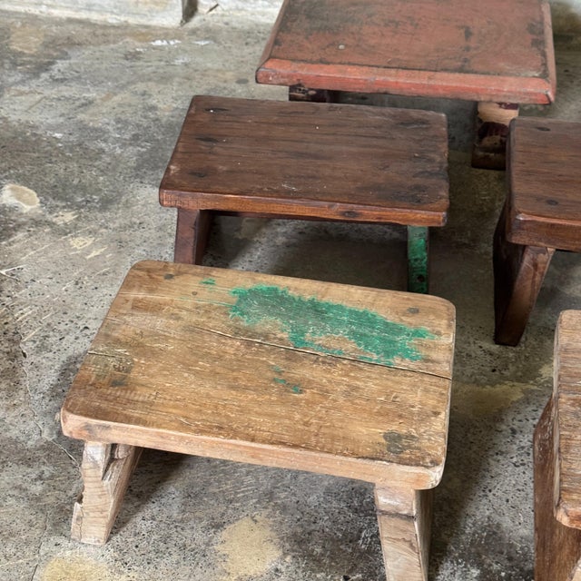 1990s Small Occasional Stool in Upcycled Teak with Traces of Green Chrome on the Top, 1990s For Sale - Image 5 of 11