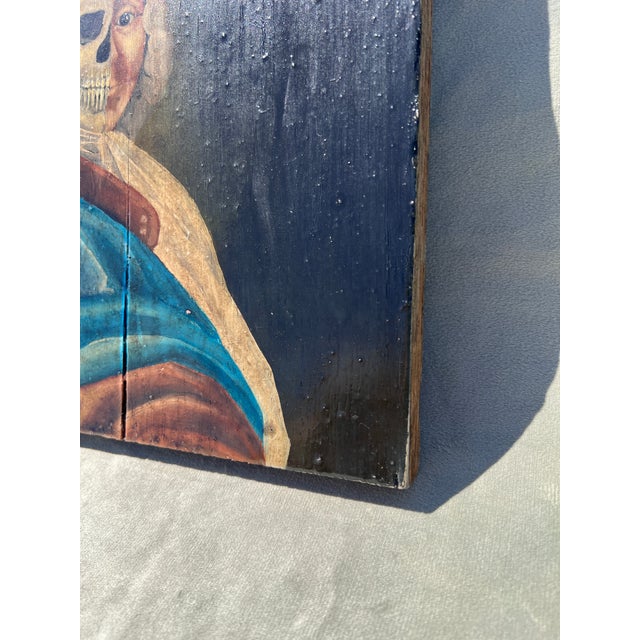 Wood Memento Mori Baroque Style Oil on Wood Panel Portrait Painting a French Nobleman With Dual Faced Man For Sale - Image 7 of 12