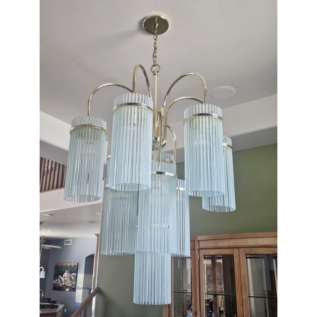 Gaetano Sciolari 1970s Gaetano Sciolari 9-Light Brass & Glass Chandelier | Italian Modern Hollywood Regency For Sale - Image 4 of 7